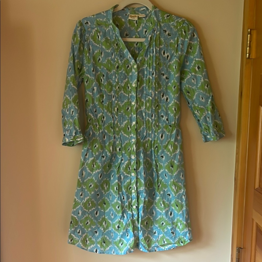 Blue and Green Buttoned Sundress with Mandarin Collar